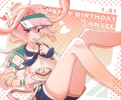 Rule 34 | 1boy, :t, animal ears, ansel (arknights), ansel (casual vacation) (arknights), arknights, bare legs, blue neckerchief, blue shorts, blush, cake, cake slice, commentary, english commentary, feet out of frame, food, food on face, green background, halftone, highres, holding, holding food, holding plate, jacket, looking at viewer, lop rabbit ears, male focus, neckerchief, official alternate costume, pink background, pink hair, plate, rabbit boy, rabbit ears, red eyes, rinzy, shirt, short hair, shorts, solo, visor cap, white jacket, white shirt