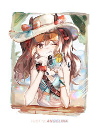 Rule 34 | 1girl, angelina (arknights), animal ears, arknights, beach, bikini, blue bikini, bow, brown eyes, brown hair, closed mouth, commentary request, day, doctor (arknights), drink, drinking straw, drinking straw in mouth, ears through headwear, elbow rest, elbows on table, eyewear on head, food, fox ears, fruit, hat, hat bow, holding, holding drink, kkkovo, lemon, lemon slice, long hair, looking at viewer, material growth, one eye closed, orange-tinted eyewear, orange bow, oripathy lesion (arknights), outdoors, red scrunchie, scrunchie, shoulder belt, solo, sun hat, sunglasses, swimsuit, tinted eyewear, twintails, upper body, white hat, wrist scrunchie