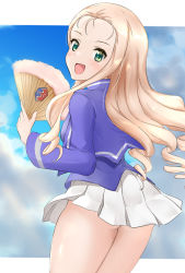 Rule 34 | 1girl, bc freedom (emblem), bc freedom military uniform, blonde hair, blue jacket, blue sky, cloud, cloudy sky, cowboy shot, drill hair, emblem, folding fan, from behind, girls und panzer, green eyes, hand fan, holding, holding fan, jacket, karefu, long hair, long sleeves, looking at viewer, looking back, marie (girls und panzer), military, military uniform, miniskirt, open mouth, pleated skirt, skirt, sky, smile, solo, standing, uniform, white skirt, wind, wind lift