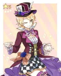 Rule 34 | 10s, 1girl, alice in wonderland, bad id, bad twitter id, black skirt, blonde hair, blue eyes, bowl, braid, checkered clothes, checkered skirt, closed mouth, coat, commentary, cosplay, cup, darjeeling (girls und panzer), diagonal stripes, flower, frilled skirt, frills, girls und panzer, hat, hat feather, hat flower, hat ornament, holding, holding cup, holding teapot, light smile, long sleeves, looking at viewer, mad hatter (alice in wonderland), mad hatter (alice in wonderland) (cosplay), one eye closed, orange background, purple coat, purple hat, purple neckwear, purple thighhighs, short hair, sitting, skirt, solo, sparkle, standing, star (symbol), star hat ornament, striped, striped background, teacup, teapot, thighhighs, top hat, twin braids, yuuyu (777)