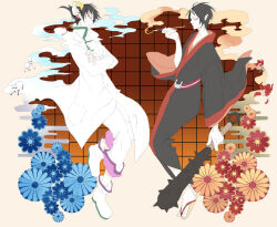Rule 34 | 2boys, black eyes, black hair, black kimono, black sleeves, blue flower, boots, buttons, club, club (weapon), coat, coin, collared coat, crossed arms, dangle earrings, demon horns, earrings, eyeshadow, face-to-face, flower, flower knot, from side, full body, hakutaku (hoozuki no reitetsu), holding, holding club, holding smoking pipe, holed coin, hoozuki (hoozuki no reitetsu), hoozuki no reitetsu, horns, japanese clothes, jewelry, kimono, lab coat, long sleeves, makeup, male focus, momochi (orrizonte), multiple boys, pants, parted lips, pocket, pointy ears, red eyeshadow, red flower, red ribbon, red sleeves, ribbon, ribbon earrings, sandals, short hair, simple background, smile, smoke, smoking pipe, socks, spiked club, tabi, two-sided sleeves, weapon, white coat, white footwear, white pants, white sleeves, white socks, wide sleeves, window, yellow background, yellow footwear, yellow horns, zouri