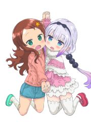 2girls absurdres beads blue_eyes blue_skirt brown_eyes denim_shirt dress green_eyes green_footwear grey_hair hair_beads hair_ornament highres holding_hands kanna_kamui kobayashi-san_chi_no_maidragon long_hair low_twintails multiple_girls pink_dress pink_sweater saeki_tatsuya saikawa_riko skirt socks sweater thighhighs twintails white_socks white_thighhighs