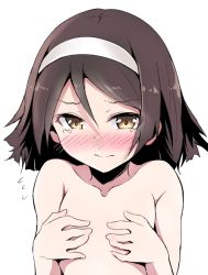 Rule 34 | 10s, 1girl, blush, brown hair, closed mouth, collarbone, covering privates, covering chest, embarrassed, eyes visible through hair, flat chest, flying sweatdrops, gatchii, hair between eyes, hairband, kantai collection, looking at viewer, nose blush, short hair, simple background, solo, tanikaze (kancolle), tears, upper body, white background, white hairband, yellow eyes
