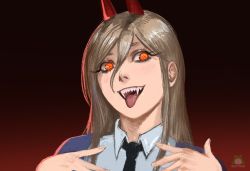 Rule 34 | 1girl, blonde hair, chainsaw man, cross-shaped pupils, demon horns, eyelashes, fangs, gradient background, hair between eyes, horns, long hair, looking at viewer, necktie, nextoad, orange eyes, power (chainsaw man), shirt, simple background, smile, solo, symbol-shaped pupils, tongue, tongue out, watermark, white shirt