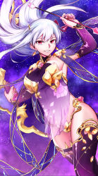 Rule 34 | 1girl, arrow (projectile), bow (weapon), detached sleeves, earrings, fate/grand order, fate (series), floating hair, gold trim, grin, hair ribbon, halterneck, highres, holding, holding arrow, holding bow (weapon), holding weapon, jewelry, kama (fate), kama (second ascension) (fate), long hair, noren69025954, pink nails, pink ribbon, purple thighhighs, red eyes, ribbon, see-through, smile, solo, star (sky), thighhighs, weapon, white hair