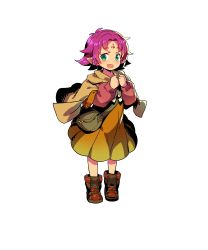 Rule 34 | bag, boots, cape, capelet, child, dress, facial mark, fae (fire emblem), fire emblem, fire emblem: the binding blade, fire emblem heroes, forehead mark, full body, green eyes, highres, himukai yuuji, long sleeves, looking at viewer, nintendo, official art, open mouth, pink hair, pointing, pointy ears, ribbon, short dress, short hair, solo, transparent background