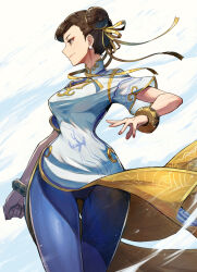 Rule 34 | 1girl, blue leggings, bracelet, breasts, brown eyes, brown hair, capcom, chest cutout, china dress, chinese clothes, chun-li, clenched hand, closed mouth, commentary request, cowboy shot, dress, earrings, eyeliner, hair behind ear, hair bun, hair ribbon, high collar, highres, jewelry, kuroi susumu, leggings, lips, looking to the side, makeup, medium breasts, open hand, pearl earrings, red nails, ribbon, short sleeves, solo, street fighter, street fighter 6, swept bangs, thighs, wide hips, wind, wind lift, yellow ribbon