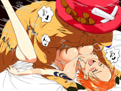 Rule 34 | 1girl, antlers, bed, bed sheet, bestiality, blush, breast press, breasts, breath, cleavage, closed eyes, f (pixiv), fur, happy sex, hard-translated, hat, horns, interspecies, large breasts, legs, legs up, lying, missionary, nami (one piece), nude, on back, one piece, open mouth, orange hair, pink hat, sex, sheet grab, short hair, speed lines, spread legs, sweat, tattoo, text focus, third-party edit, tony tony chopper, vaginal