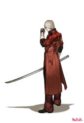Rule 34 | boots, clenched hand, coat, dante (devil may cry), devil may cry (series), devil may cry 4, facial hair, fingerless gloves, gloves, hallot, highres, holding, holding weapon, katana, looking at hand, medium hair, red coat, signature, simple background, standing, sword, weapon, white background, white hair