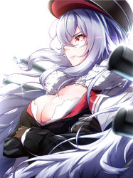 Rule 34 | 1girl, azur lane, black hat, bra, breasts, brown gloves, cleavage, cleavage cutout, clothing cutout, commentary request, fur collar, gloves, graf zeppelin (azur lane), grey background, hair between eyes, hat, highres, large breasts, long hair, long sleeves, open mouth, red eyes, silver hair, simple background, solo, speech bubble, takatun223, tsurime, underwear, upper body, white bra