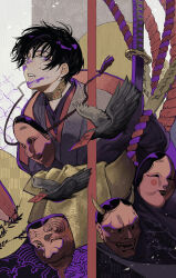 Rule 34 | 1boy, bird, black hair, bound, character mask, crow, facepaint, floating hair, grey kimono, highres, japanese clothes, katana, kimono, looking at viewer, male focus, mask, noh mask, original, parted lips, purple eyes, rope, short hair, solo, sword, teardrop, tears, teeth, tied up (nonsexual), uminonew, upper body, upper teeth only, weapon