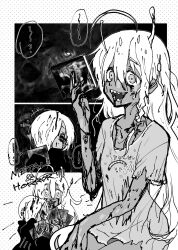 Rule 34 | +++, 2girls, ahoge, bleeding, blood, blood from mouth, bloody tears, braid, cd case, colored sclera, covering own mouth, english text, greyscale, growing out of body, hair over one eye, highres, holding, holding cd, hood, hood down, hoodie, hoshi syoko, idolmaster, idolmaster cinderella girls, long hair, monochrome, multiple girls, mushroom on head, no pants, one eye covered, open mouth, payama, sharp teeth, shirasaka koume, shirt, short sleeves, side braid, sleeves past fingers, sleeves past wrists, smile, stitched torso, stitches, teeth, torn clothes, wide-eyed, zombification