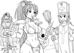Rule 34 | 3girls, absurdres, alternate breast size, armor, bb (baalbuddy), bikini armor, bodystocking, bodysuit, breasts, cape, chicken (food), chicken leg, choker, closed eyes, commission, cosplay, dragon quest, dragon quest iii, dress, drill hair, food, food in mouth, food on face, greyscale, groin, hat, helmet, high ponytail, highres, holding, holding mace, holding weapon, jewelry, kyubey, large breasts, linea alba, loincloth, long hair, looking at another, looking at viewer, mace, mahou shoujo madoka magica, mahou shoujo madoka magica (anime), meat, medium hair, miki sayaka, monochrome, mouth hold, multiple girls, navel, open mouth, priest (dq3), priest (dq3) (cosplay), sage (dq3), sage (dq3) (cosplay), sakura kyoko, smile, soldier (dq3), soldier (dq3) (cosplay), stomach, sword, tabard, tomoe mami, toned, turtleneck, turtleneck bodysuit, twin drills, unworn headwear, unworn helmet, very long hair, weapon