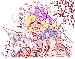 Rule 34 | 2girls, all fours, american flag dress, american flag legwear, artist request, blonde hair, blush, clownpiece, dress, fairy wings, feathers, highres, kishin sagume, multiple girls, on ground, open mouth, pants, rape, red eyes, saliva, sex, sex from behind, short hair, single wing, star (symbol), star print, striped clothes, striped dress, striped pants, touhou, white hair, wings