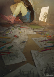 Rule 34 | 1boy, 1girl, artist name, blonde hair, child&#039;s drawing, commentary request, demizu posuka, dutch angle, fisheye, goggles, goggles on head, head out of frame, holding, indoors, knees up, long hair, long sleeves, looking at another, notebook, original, pants, paper, pencil, shirt, shoes, short hair, short sleeves, shorts, sitting, standing, steam