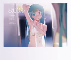 Rule 34 | 1girl, arm up, armpits, blue eyes, blue hair, bra, hjl, long hair, matching hair/eyes, original, solo, time, toothbrush in mouth, underwear, underwear only, white bra
