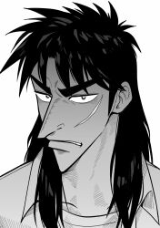 Rule 34 | 1boy, absurdres, clenched teeth, collared shirt, commentary request, facial scar, fukumoto nobuyuki (style), greyscale, highres, itou kaiji, kaiji, long hair, looking at viewer, male focus, medium bangs, monochrome, official style, parody, pointy nose, scar, scar on cheek, scar on face, shirt, sidelocks, solo, style parody, t-shirt, teeth, upper body, usarinko, v-shaped eyebrows