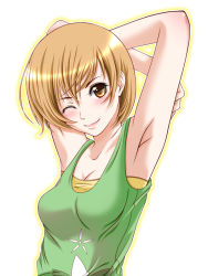 Rule 34 | 1girl, armpits, arms up, atlus, bad id, bad pixiv id, blush, bob cut, breasts, brown hair, camisole, chiro, cleavage, crossed arms, looking at viewer, one eye closed, orange eyes, persona, persona 4, satonaka chie, short hair, simple background, smile, solo, upper body, wink