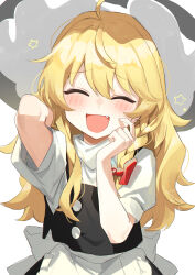 Rule 34 | 1girl, absurdres, ahoge, apron, arm up, black hat, black skirt, black vest, blonde hair, blush, bow, braid, buttons, closed eyes, fang, finger to face, hair bow, hand up, hat, highres, jill 07km, kirisame marisa, long hair, open mouth, puffy short sleeves, puffy sleeves, red bow, shirt, short sleeves, simple background, single braid, skirt, skirt set, solo, star (symbol), touhou, turtleneck, vest, waist apron, white apron, white background, white shirt, witch hat
