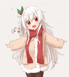 Rule 34 | 1girl, absurdres, black pantyhose, coat, fur-trimmed coat, fur trim, hachikari (hachi karintou), hair ornament, highres, leaf hair ornament, long hair, long sleeves, one side up, original, outstretched arms, pantyhose, red eyes, scarf, spread arms, white hair