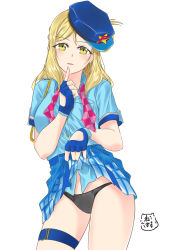 Rule 34 | 10s, 1girl, akira miku ver, bad id, bad pixiv id, black panties, blonde hair, blue gloves, blue hat, blue shirt, blue skirt, clothes lift, cowboy shot, dress shirt, finger to mouth, fingerless gloves, gloves, hat, highres, index finger raised, long hair, looking at viewer, love live!, love live! sunshine!!, miniskirt, ohara mari, panties, parted bangs, pleated skirt, shirt, short sleeves, simple background, skirt, skirt lift, solo, standing, thigh strap, underwear, white background, yellow eyes