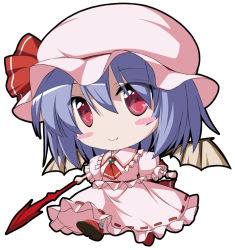 Rule 34 | 1girl, ascot, bat wings, blush stickers, bow, brooch, chibi, deformed, hat, hat bow, jewelry, light purple hair, nori tamago, red eyes, remilia scarlet, solo, spear the gungnir, touhou, white background, wings