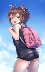 Rule 34 | ahoge, animal ear fluff, animal ears, ass, backpack, bag, bare arms, bare shoulders, black one-piece swimsuit, blue sky, blush, brown eyes, cat ears, child, cloud, cloudy sky, cowboy shot, crime prevention buzzer, day, hair between eyes, highres, hololive, joeychen, looking at viewer, masuri channel, natsuiro matsuri, one-piece swimsuit, outdoors, pink bag, randoseru, school swimsuit, sky, swimsuit, teeth, upper teeth only, virtual youtuber