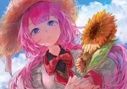 Rule 34 | 1girl, black shirt, blue eyes, blue sky, bow, bowtie, cloud, collared shirt, commentary request, day, dutch angle, flower, from below, hat, iyuha4, jacket, long hair, looking at viewer, nijisanji, outdoors, pink hair, red bow, red bowtie, shirt, sky, solo, straw hat, sun hat, sunflower, sunlight, suo sango, suo sango (1st costume), virtual youtuber, white jacket