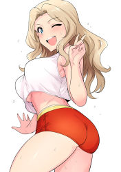 Rule 34 | 10s, 1girl, ;d, armpit peek, ass, blonde hair, blue eyes, blush, breasts, buruma, crop top, crop top overhang, female focus, fingernails, from side, girls und panzer, gym uniform, highres, kay (girls und panzer), large breasts, long hair, looking at viewer, nail polish, one eye closed, open mouth, pink nails, pink nails, red buruma, simple background, smile, solo, sweat, tank top, tsurui, underboob, v, white background