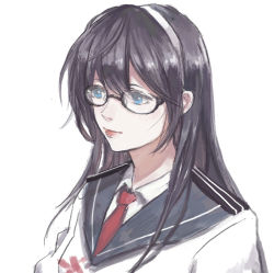 10s 1girl bad_id bad_pixiv_id blue_eyes female_focus glasses hairband kantai_collection light_smile mo_(artist) mo_(ine_mao) necktie ooyodo_(kancolle) school_uniform serafuku solo upper_body white_background