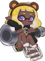 Rule 34 | 1girl, black shorts, black sweater, blonde hair, brown hairband, closed mouth, commentary request, dark-skinned female, dark skin, full body, hairband, highres, inkling, inkling girl, inkling player character, light smile, long hair, mina p, nautilus (splatoon), nintendo, pointy ears, purple eyes, purple hair, sandals, short shorts, shorts, simple background, sitting, solo, splatoon (series), splatoon 3, sweater, tentacle hair, thick eyebrows, toes, white background, yellow trim
