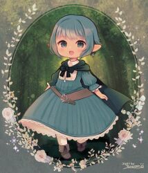 Rule 34 | 1girl, absurdres, brown footwear, cape, dress, earrings, final fantasy, final fantasy xiv, flat chest, floral background, forest, frilled skirt, frills, full body, gem, green cape, green dress, green eyes, green hair, highres, jewelry, juliet sleeves, konatsu miyu, long bangs, long sleeves, looking at viewer, nature, necklace, open mouth, pantyhose, pointy ears, puffy sleeves, short hair, signature, skirt, smile, solo, warrior of light (ff14), white pantyhose