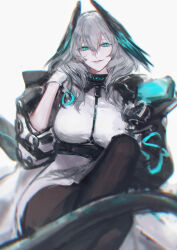 Rule 34 | 1girl, absurdres, aqua eyes, aqua wings, arknights, belt, between breasts, black belt, black pantyhose, black tail, black wings, breasts, coat, crossed legs, dress, feathered wings, feet out of frame, fingerless gloves, full body, gloves, grey hair, hair between eyes, hand in own hair, head wings, highres, ho&#039;olheyak (arknights), huangjin shizi, infection monitor (arknights), large breasts, long sleeves, looking at viewer, multicolored coat, open clothes, open coat, pantyhose, parted lips, pencil dress, short dress, short hair, sidelocks, snake girl, snake tail, solo, strap between breasts, tail, two-tone coat, two-tone wings, unfinished, white background, white dress, white gloves, wings