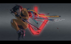 Rule 34 | 1boy, ahoge, black hair, blood, bloody weapon, blue eyes, bodysuit, cable, copyright name, elbow pads, fetal position, full body, gloves, glowing, glowing eyes, grey background, gundam, gundam tekketsu no orphans, hair between eyes, holding, holding sword, holding weapon, knee pads, letterboxed, liusang, logo, long sleeves, looking at viewer, male focus, mikazuki augus, parted lips, shoes, solo, sword, weapon