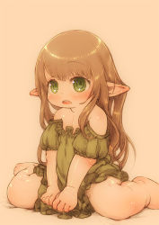 Rule 34 | 1girl, bare shoulders, barefoot, brown hair, eyebrows, feral lemma, green eyes, halfling, long hair, open mouth, original, petite, pointy ears, simple background, sitting, solo, wariza