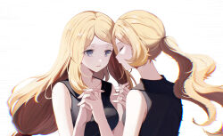 2girls black_shirt blonde_hair breasts chromatic_aberration closed_eyes collarbone commentary_request creatures_(company) game_freak glitch grey_eyes hands_up highres holding_hands long_hair low-tied_long_hair multiple_girls nasakixoc nintendo parted_bangs parted_lips pokemon pokemon_xy ponytail serena_(pokemon) shirt simple_background sleeveless sleeveless_shirt upper_body white_background