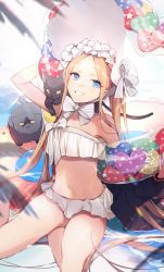 Rule 34 | 1girl, abigail williams (fate), abigail williams (swimsuit foreigner) (fate), abigail williams (swimsuit foreigner) (third ascension) (fate), animal, animal on shoulder, bikini, blonde hair, blue eyes, bonnet, cat, fate/grand order, fate (series), forehead, highres, light smile, long hair, looking at viewer, navel, no-kan, sitting, smile, solo, swimsuit, thighs, white bikini