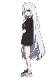 Rule 34 | 1girl, alternate costume, black shirt, blue shorts, closed mouth, crossed arms, full body, fuyutsuki (kancolle), grey eyes, grey hair, hair between eyes, highres, kantai collection, long hair, looking at viewer, one side up, sayuwan, shirt, shoes, short sleeves, shorts, simple background, smile, sneakers, solo, standing, t-shirt, tachi-e, very long hair, white background, white footwear