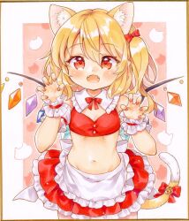 Rule 34 | animal ears, apron, bell, blonde hair, bow, cat ears, cat girl, cat tail, fangs, flandre scarlet, frilled skirt, frills, mimi (mimi puru), navel, open mouth, red eyes, skirt, tail, tail bell, tail bow, tail ornament, touhou, white apron, wings