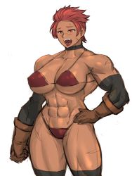 Rule 34 | 1girl, abs, bikini, breasts, cleavage, elbow gloves, eyebrows, female focus, gloves, kisuu, large breasts, muscular, muscular female, red eyes, red hair, scar, solo, swimsuit, textless version, third-party edit, thong