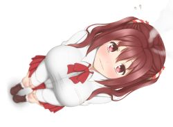 Rule 34 | 10s, 1girl, blush, breasts, ebina nana, female focus, from above, highres, himouto! umaru-chan, kyounami, large breasts, long hair, looking at viewer, looking up, red eyes, red hair, school uniform, shirt, simple background, skirt, smoke, solo, twintails, wavy mouth, white background
