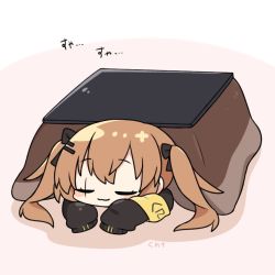 Rule 34 | 1girl, :3, armband, black jacket, blush stickers, brown hair, chibi, closed eyes, dokumi, girls&#039; frontline, hair ornament, hair ribbon, hairclip, jacket, kotatsu, lying, on stomach, pink background, ribbon, sleeping, solo, table, twintails, ump9 (girls&#039; frontline), under table, white background