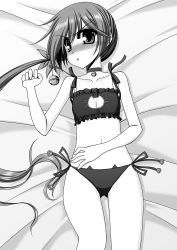 Rule 34 | 10s, 1girl, akebono (kancolle), alternate costume, bed sheet, bell, blush, cat cutout, cat lingerie, choker, cleavage cutout, clothing cutout, collarbone, flower, gluteal fold, greyscale, hair bell, hair flower, hair ornament, jingle bell, kantai collection, kiryuu makoto, long hair, looking at viewer, lying, meme attire, monochrome, navel, neck bell, on back, on bed, panties, side-tie panties, side ponytail, solo, underwear, underwear only, very long hair