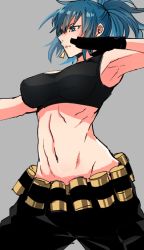 Rule 34 | 1girl, bare shoulders, black tank top, blue eyes, blue hair, breasts, cleavage, gas can, jewelry, large breasts, leona heidern, long hair, masakari (yasudadou), military, muscular, ponytail, snk, soldier, solo, tank top, the king of fighters