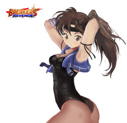 Rule 34 | 1girl, adjusting hair, ass, breakers, breasts, brown eyes, brown hair, brown pantyhose, bunching hair, cleavage, cowboy shot, fighting stance, from behind, headband, iron yaya, jacket, leotard, lips, looking at viewer, pantyhose, ponytail, simple background, smile, solo, thighs, tia langray, traditional media, wedgie, white background, wrist wrap
