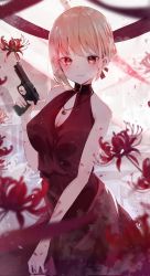 Rule 34 | 1girl, bare shoulders, beretta 92, black collar, blonde hair, blurry, breasts, cleavage, closed mouth, collar, commentary, corrupted twitter file, depth of field, dress, english commentary, evening gown, falling petals, finger on trigger, flower, gun, handgun, highres, holding, holding gun, holding weapon, indoors, jewelry, looking at viewer, lycoris recoil, medium breasts, motoi (croa76), nishikigi chisato, pendant, petals, red dress, red eyes, red flower, revision, short hair, smile, solo, spider lily, weapon