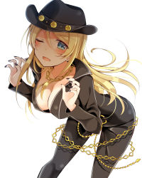 Rule 34 | 10s, 1girl, ;d, ayase eli, bent over, black bodysuit, black hat, black nails, blonde hair, blue eyes, blush, bodysuit, breasts, chain, claw pose, cleavage, cowboy hat, diamond princess no yuuutsu, downblouse, gold chain, gold necklace, hair down, hanging breasts, hat, highres, jewelry, large breasts, leaning forward, long hair, long sleeves, love live!, love live! school idol festival, love live! school idol project, mogu (au1127), nail polish, necklace, one eye closed, open mouth, simple background, smile, solo, white background