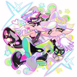 Rule 34 | 2girls, bare shoulders, black dress, black hair, black jumpsuit, boots, bow-shaped hair, breasts, callie (splatoon), closed mouth, collar, crossed legs, detached collar, dress, earrings, fangs, gloves, green pantyhose, grey hair, heart, highres, inkling, jewelry, jumpsuit, marie (splatoon), mole, mole under eye, multiple girls, nintendo, open mouth, pantyhose, pink pantyhose, short hair, smile, splatoon (series), splatoon 3, star-shaped pupils, star (symbol), strapless, strapless dress, symbol-shaped pupils, tentacle hair, twintails, white background, white collar, white gloves, xiaoyunatie, yellow eyes
