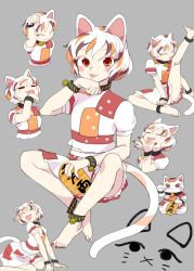 Rule 34 | 1girl, animal ears, barefoot, bell, black choker, blush stickers, brown hair, cat ears, cat tail, chamaruk, choker, closed eyes, coin, commentary request, full body, gold, goutokuji mike, grey background, jingle bell, kneeling, kneepits, koban (gold), leg up, legband, licking, licking hand, licking leg, looking at viewer, maneki-neko, multicolored clothes, multicolored hair, multiple views, nail polish, open mouth, orange hair, patchwork clothes, paw pose, puffy short sleeves, puffy sleeves, red eyes, red nails, shirt, short hair, short sleeves, simple background, streaked hair, tail, thighs, tongue, tongue out, touhou, white hair, white shirt