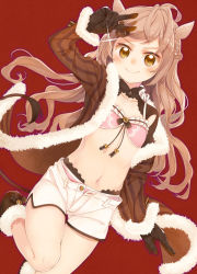 Rule 34 | 1girl, amamiya chiharu, animal ears, bare legs, black gloves, blush, bra, braid, breasts, brown eyes, brown footwear, brown hair, brown jacket, closed mouth, collarbone, commentary request, french braid, fur-trimmed jacket, fur trim, glint, gloves, hair ornament, hand up, jacket, leg up, long hair, long sleeves, looking at viewer, navel, off shoulder, open clothes, open fly, open jacket, original, panties, pig ears, pink bra, pink panties, red background, shoes, short shorts, shorts, simple background, sleeves past wrists, small breasts, smile, solo, stomach, striped clothes, striped jacket, thighs, underwear, v, v-shaped eyebrows, white shorts